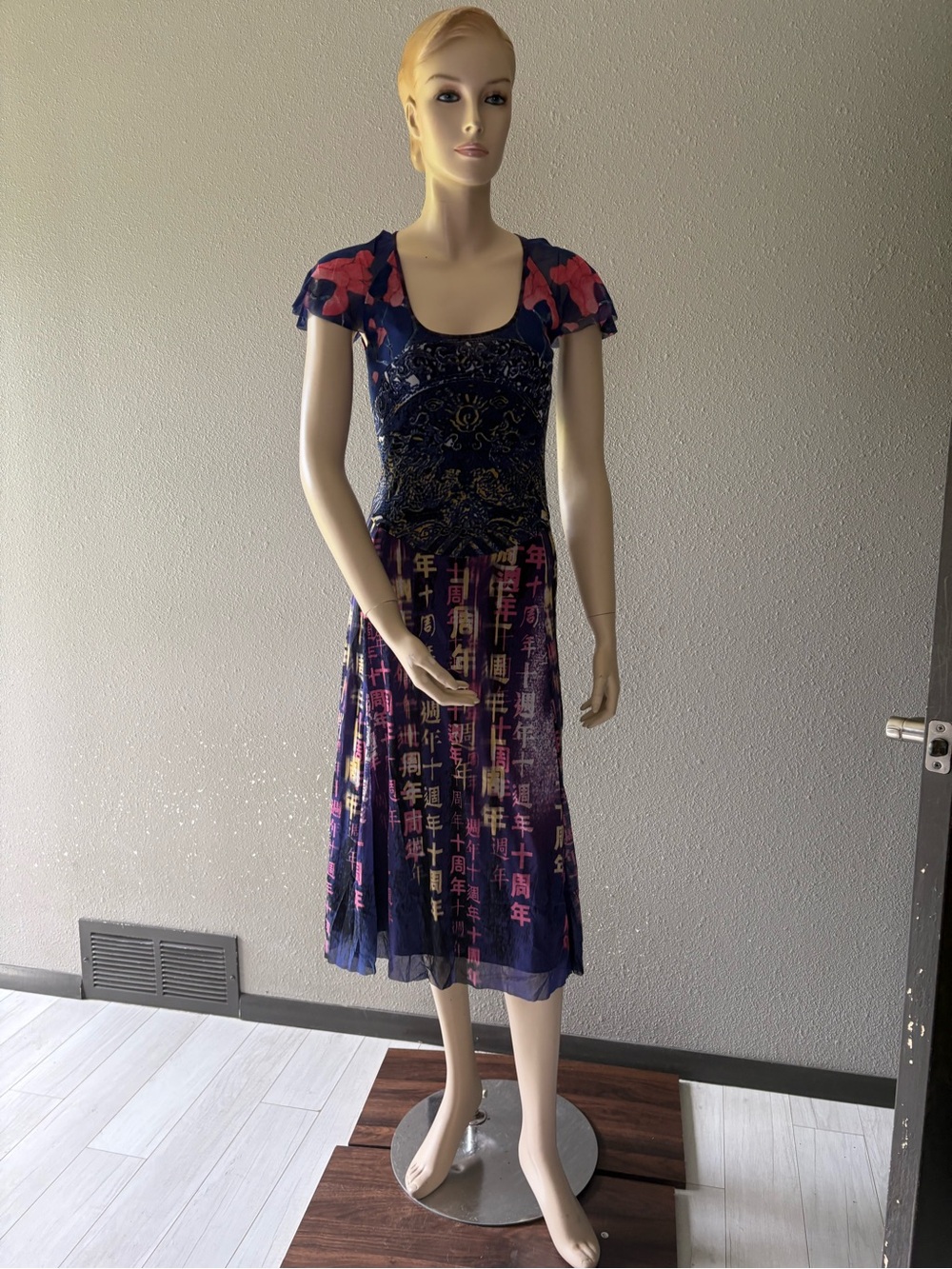 Vivienne Tam Navy Dress with Pink Floral Shoulders